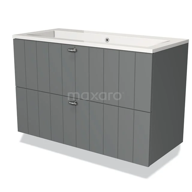 Grey bathroom furniture set with integrated white basin, vertical ridge finish and soft-close drawers.