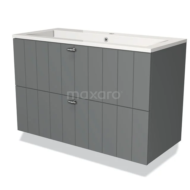 Grijze badmeubelset met dubbele lades, witte wastafel en verticale houtnerfdetails, perfect voor een moderne badkamer.