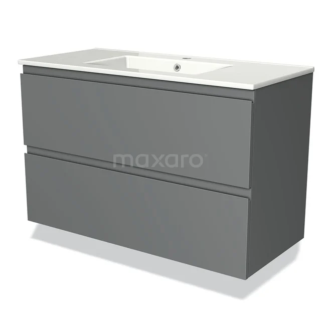 Grijze badkamermeubelset met 2 lades, strak design en witte wastafel van keramiek, perfect voor moderne badkamers.