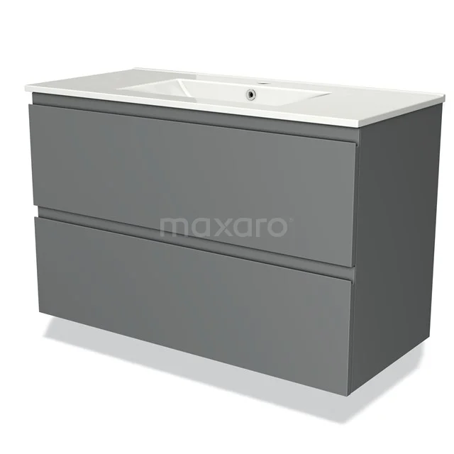 Grijze badkamermeubelset met twee lades en witte wastafel, strak design, ideaal voor moderne badkamers.