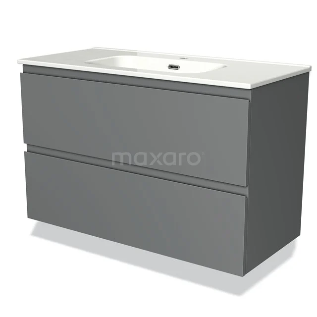 Grijze badkamermeubelset met twee lades, moderne rechthoekige vorm en een witte keramische wastafel, ideaal voor badkameropslag.