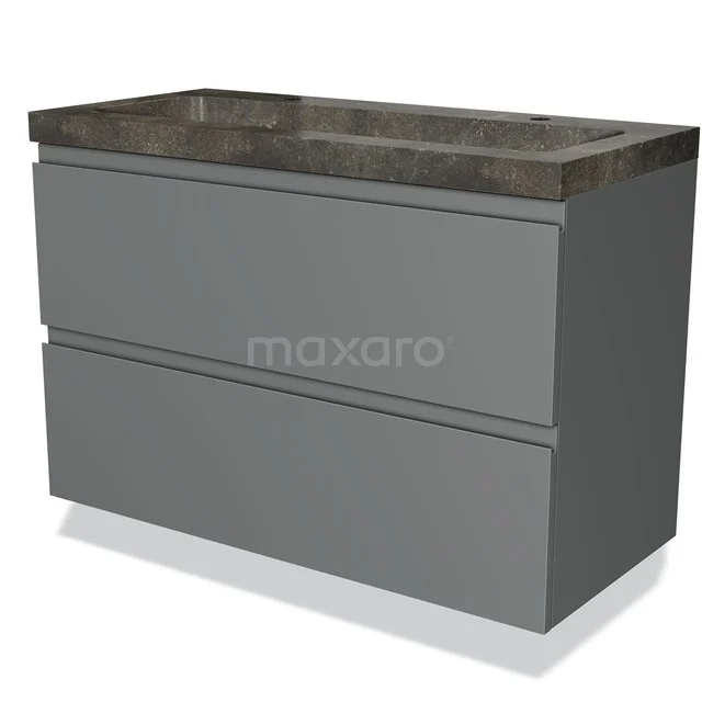 Grey bathroom furniture set with two drawers, dark stone top, modern style for stylish bathroom design.