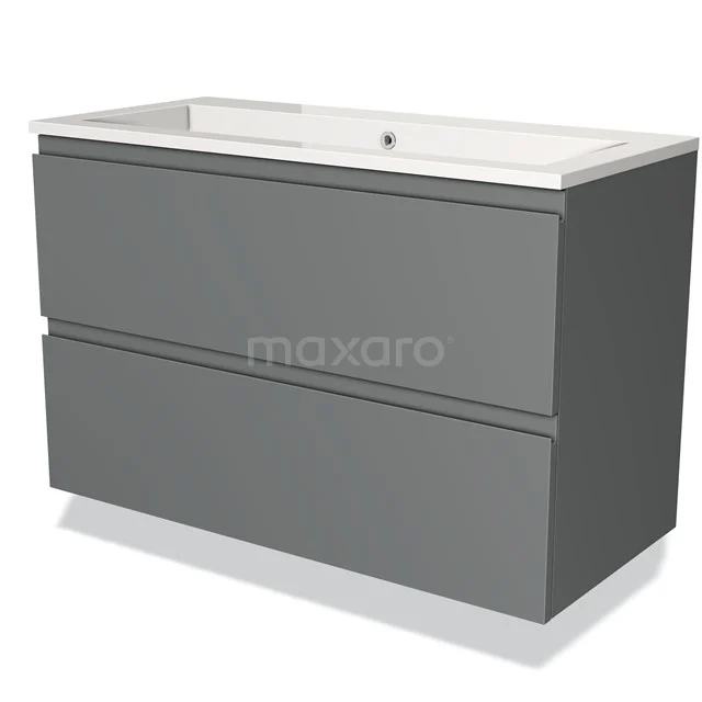 Grijze badkamermeubelset met twee lades, strak design, inclusief witte wastafel van keramiek, ideaal voor moderne badkamers.