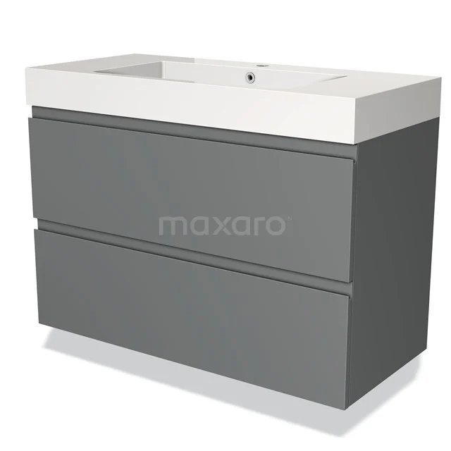 Moderne graue Badschrank mit zwei Schubladen und integriertem weißen Waschbecken, ideal für stilvolle Badezimmerlagerung.