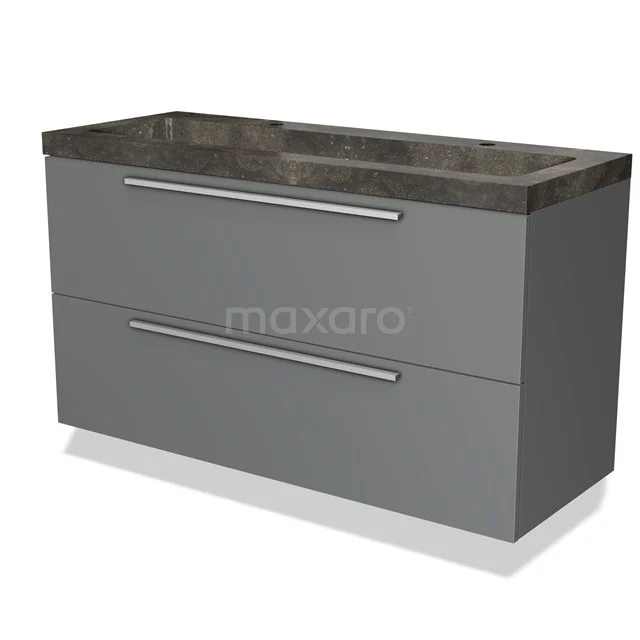 Grey bathroom furniture set with double drawers and a marble basin worktop, ideal for a modern bathroom style.