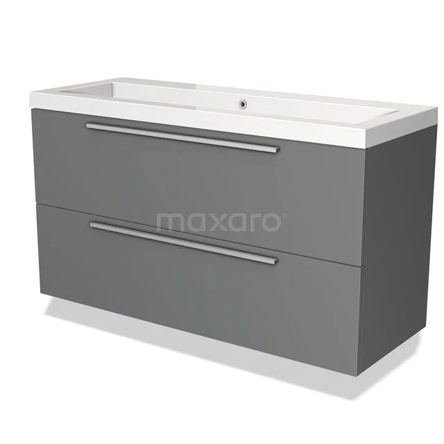 Grey bathroom furniture set with two deep drawers, sleek metal handles and a white ceramic basin.