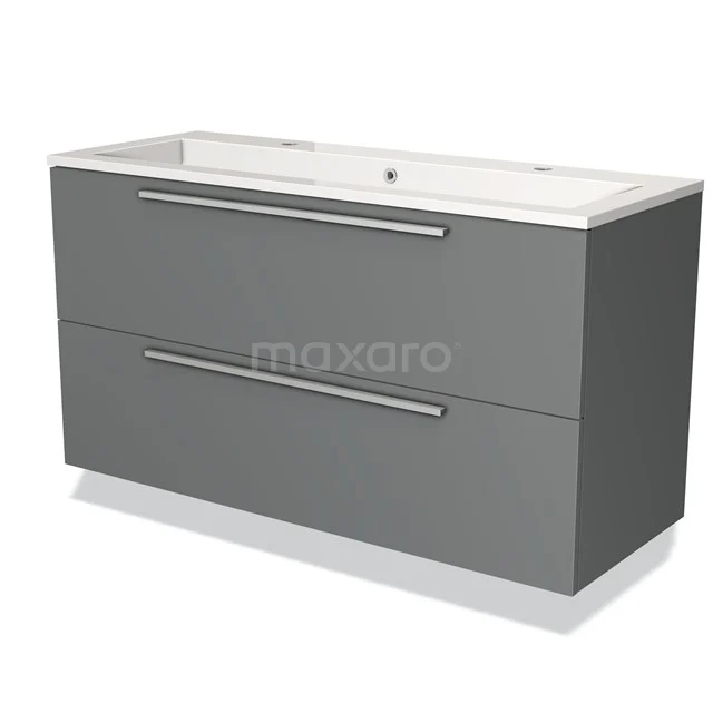 Grey bathroom unit with two drawers, modern design, metal handles and white basin; ideal for a stylish bathroom.