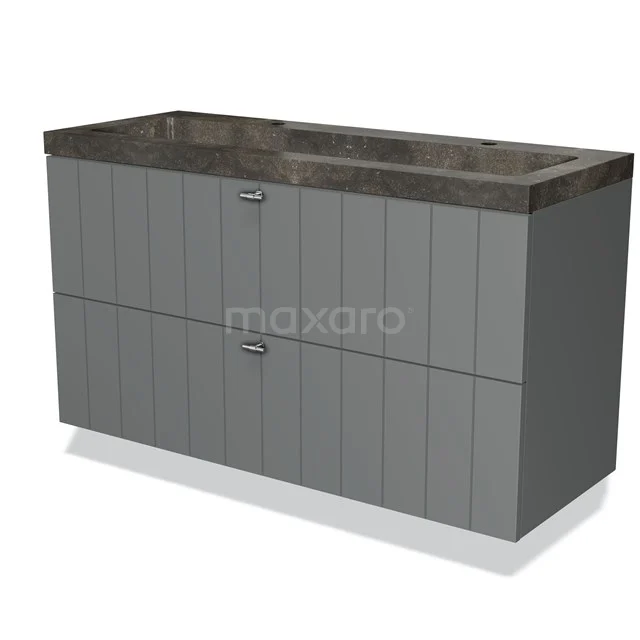 Grey bathroom cabinet with double drawers, black marble basin and modern finish, perfect for stylish bathroom storage.