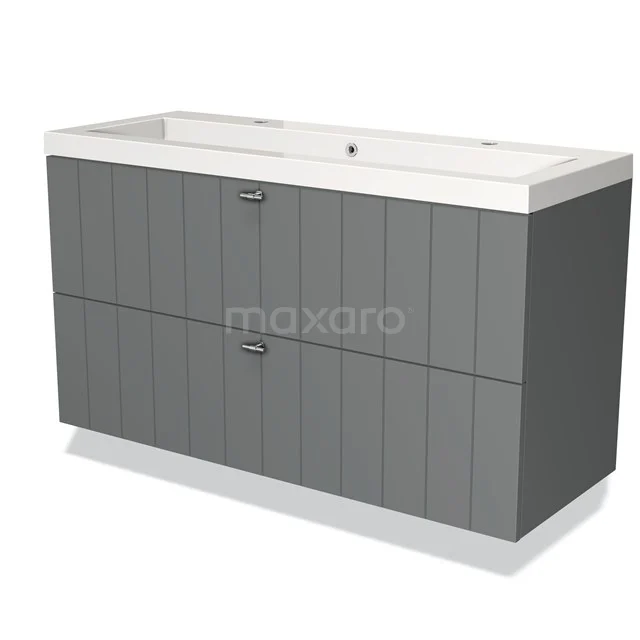 Grey bathroom furniture set with two drawers, vertical lines and integrated ceramic basin, timeless design.
