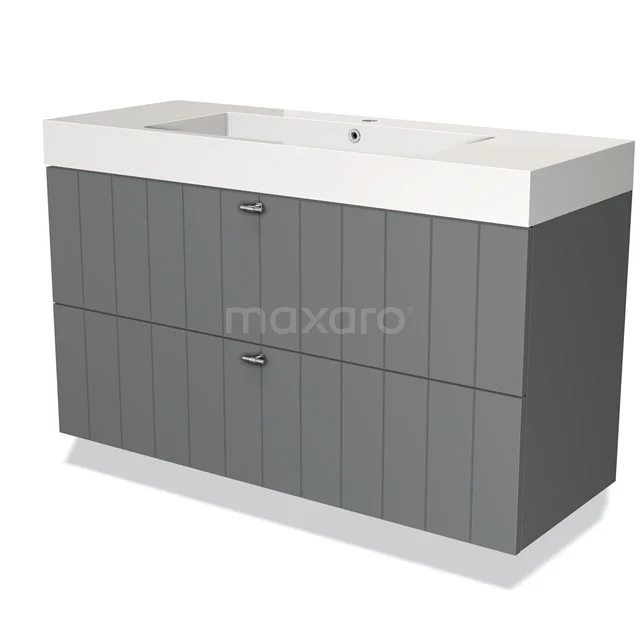 Grey bathroom furniture set with double basin and horizontal panels, modern design for a stylish bathroom.