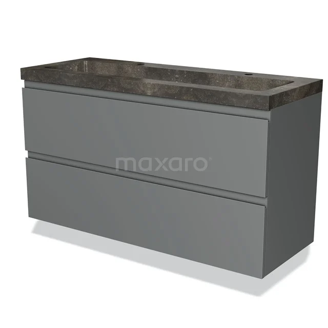 Graue Badmöbel mit zwei Schubladen, anthrazitfarbener Oberfläche und einer marmorierten Waschtischplatte, schnittiges und modernes Design.