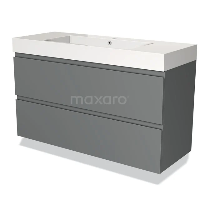 Grijze badkamermeubelset met twee lades, strak design, keramische wastafel en minimalistische uitstraling.