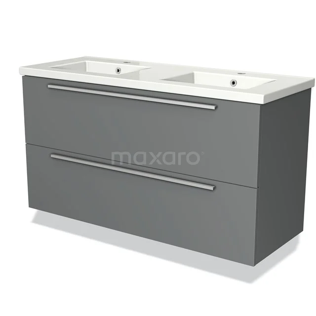 Grey double vanity unit with soft-close drawers, sleek design, ideal for a modern bathroom style.