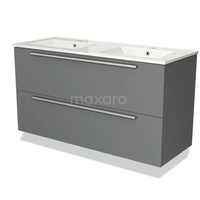 Grijze dubbele wastafelmeubel met twee lades, moderne afwerking, ideaal voor een stijlvolle badkamer inrichting.