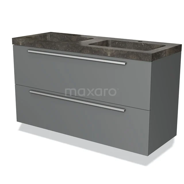 Grijs badkamermeubel met twee lades, marmeren wastafelblad en moderne stalen handgrepen, ideaal voor stijlvolle badkamers.