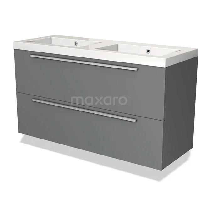 Grijze dubbele wastafel met twee lades, modern design, ideaal voor een stijlvolle badkamer.
