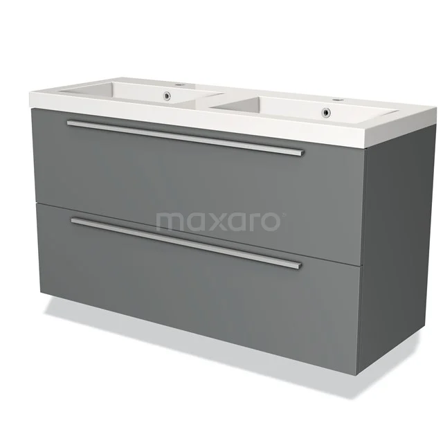 Grijze dubbel wastafelmeubelset met strakke lijnen, ladegrepen van metaal en keramische wasbakken, ideaal voor de moderne badkamer.