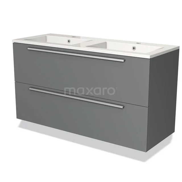 Grijze dubbel wastafelmeubel met twee keramische wasbakken en brede lades, ideaal voor een moderne badkamerstijl.