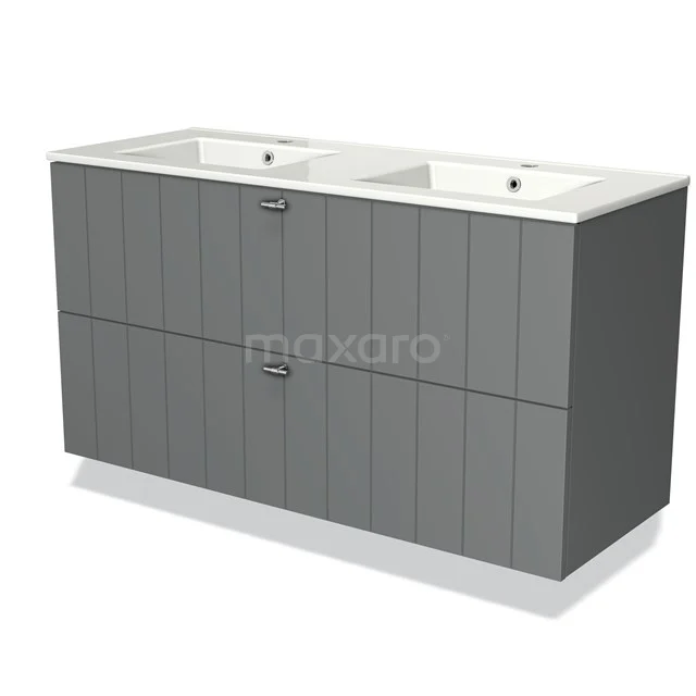 Grijs houten dubbel badkamermeubel met witte keramische dubbele wastafel, modern ontwerp en verticale lijnen.