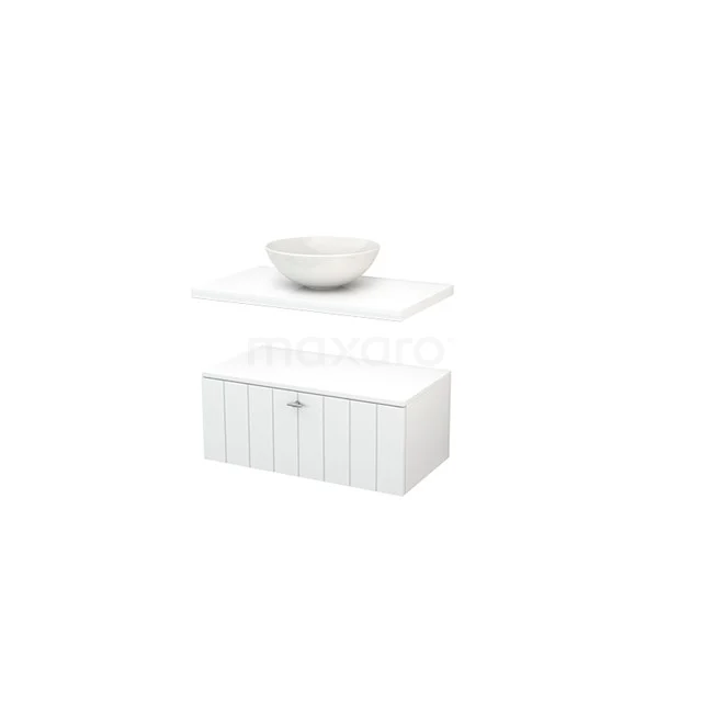 White wooden bathroom unit with ribbed pattern, ceramic countertop wash basin and flat white basin; stylish and modern.