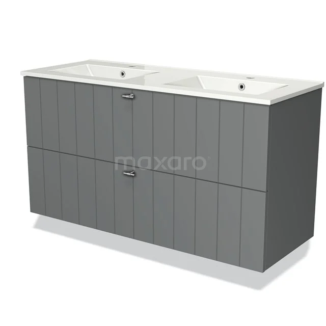 Grijze dubbele wastafelmeubel met verticale lijnen, twee lades en keramische wastafel, perfect voor moderne badkamers.