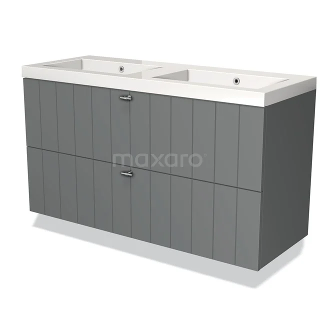 Dubbele grijze wastafelmeubel met verticale panelen, modern design en geïntegreerde lades, ideaal voor een ruime badkamer.
