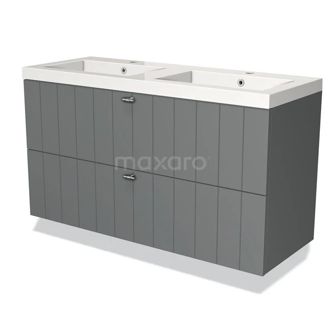 Grijze dubbele wastafelmeubel met verticale ribbelstructuur, voorzien van keramische waskommen, ideaal voor de moderne badkamer.