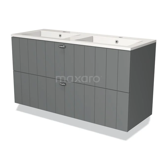 Grijze dubbele wastafelonderkast met verticale panelen, keramische wasbakken en moderne badkamerstijl.