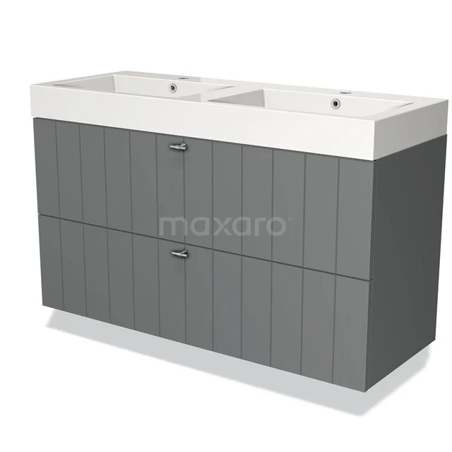Grijze dubbele wastafelmeubel, houtlook design, met witte keramische wasbakken, ideaal voor moderne badkamers.