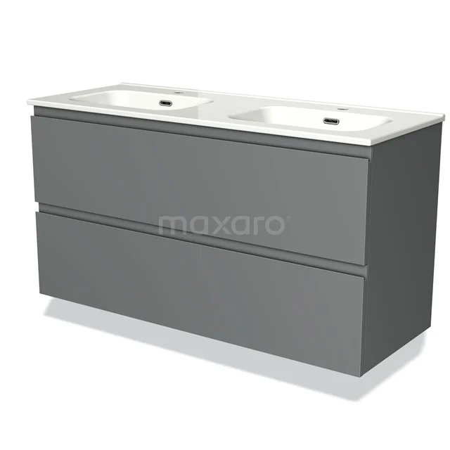 Grijze badkamermeubel met dubbele wastafel, modern ontwerp, zwevend model, ideale opbergruimte voor een stijlvolle badkamer.