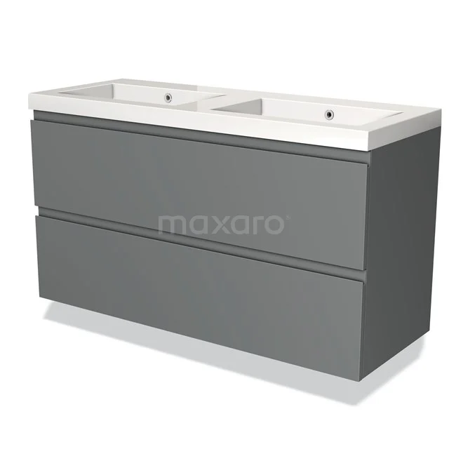 Grijze dubbele wastafelmeubel met twee keramische wastafels, strak design en ruim opberggedeelte voor moderne badkamer.