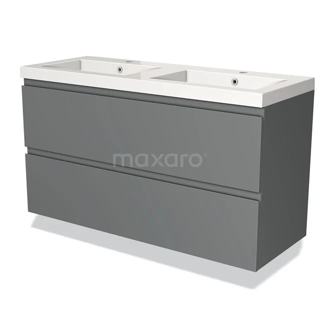 Grey double bathroom furniture set with two sinks, modern design and sleek drawers, ideal for stylish bathroom renovations.