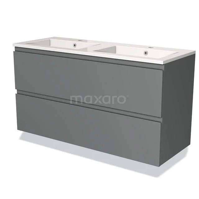 Grijze badkamermeubelset met dubbele wastafel, modern ontwerp, strakke lijnen en softclose-lades, ideaal voor ruime badkamers.