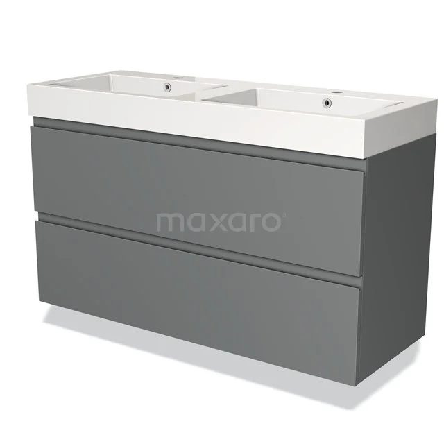 Grey bathroom furniture set with double sink, sleek design, and two spacious drawers for optimal storage space.