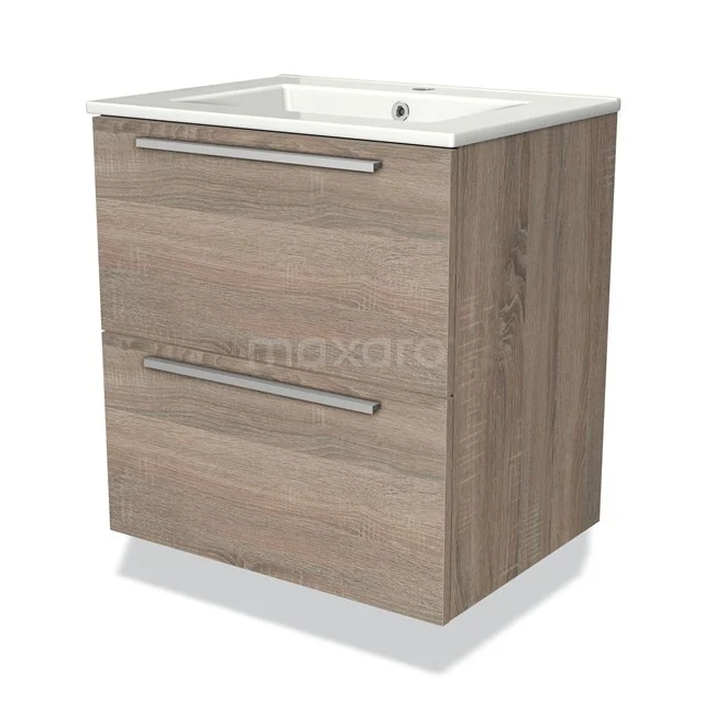Houten badkamermeubel met twee lades, licht eiken afwerking en geïntegreerde witte wastafel, modern design.