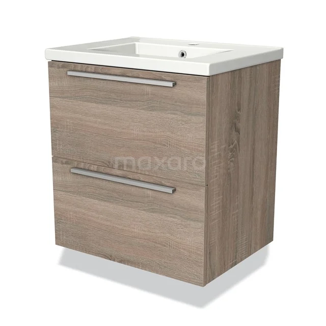 Houten badkamermeubel met twee lades, lichte houtkleur, geïntegreerde witte wastafel, perfect voor moderne badkamers.