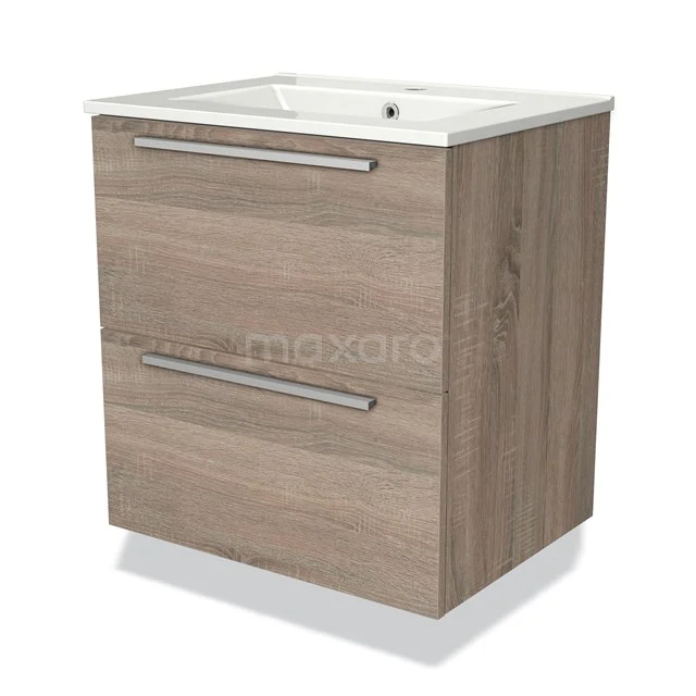 Houten badkamermeubel met twee lades, modern design en witte wastafel, ideaal voor compacte badkamers.