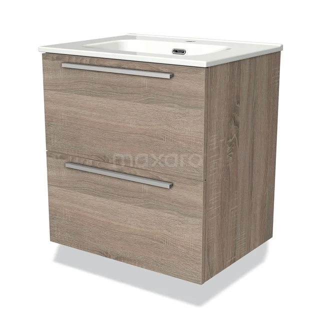 Houten badkamermeubel met twee lades en witte wastafel, modern design in licht eiken look.