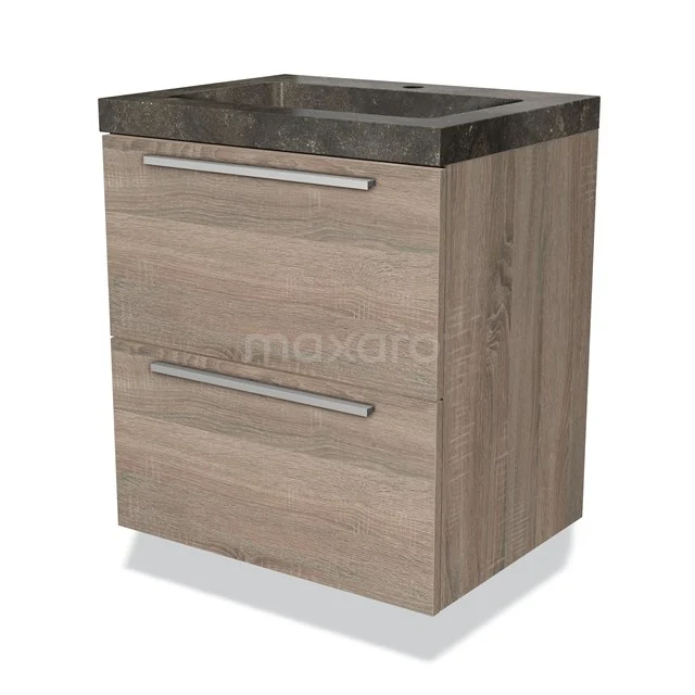 Modern bathroom cabinet with wood look, dark natural stone worktop and two drawers, ideal for stylish storage space in the bathroom.