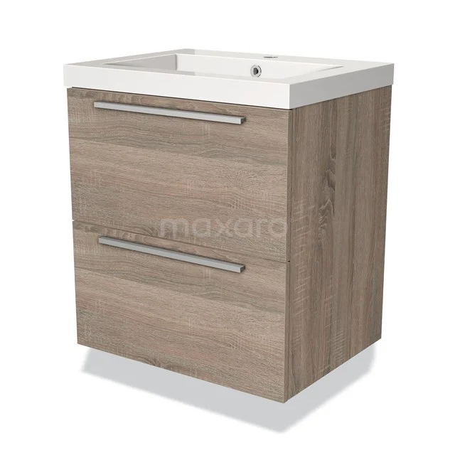 Houten badkamermeubel met twee lades, modern design en geïntegreerde wastafel, ideaal voor een stijlvolle badkamerinrichting.