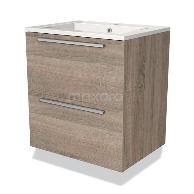 Houten badkamermeubel met twee lades, moderne houtlook, witte wastafel met strak design, ideaal voor stijlvolle badkamers.