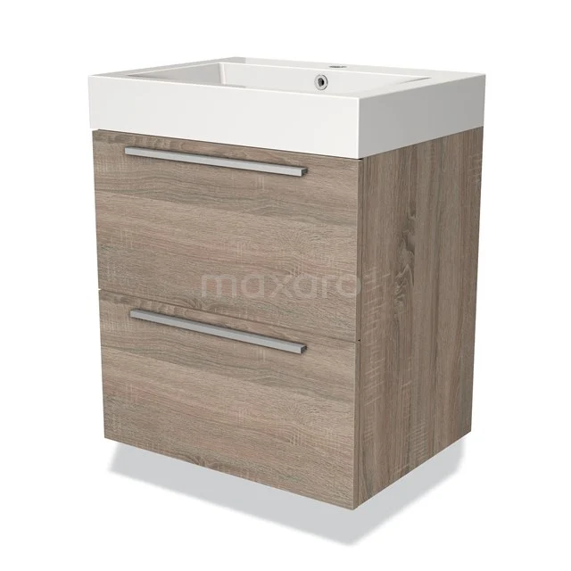 Badmöbel 60cm Modulo Eiche 2 Schubladen Flaches Waschbecken Mineralguss BMW17-01720 Holz Badezimmermöbel mit zwei Schubladen, hellbraune Eiche Oberfläche, weißes keramisches Waschbecken und chromfarbene Haltegriffe.