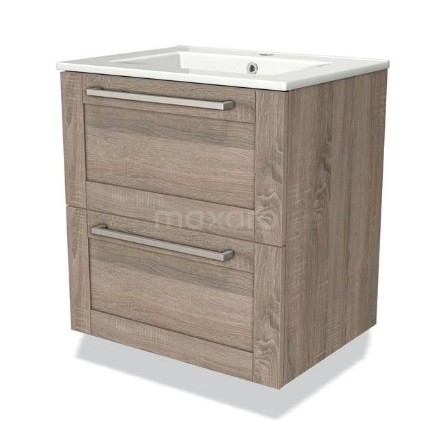 Houten badkamermeubel met twee lades, houtlook ontwerp, wit keramieken wastafelblad, modern en compact model.