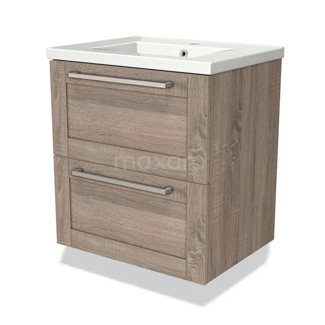 Compacte houten badkamermeubel met twee soft-close lades en witte keramische wastafel, ideaal voor moderne badkamers.