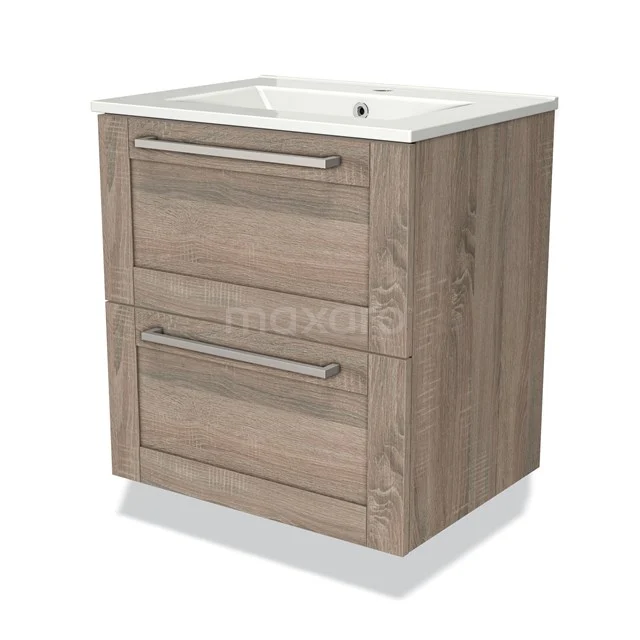 Houten badkamermeubel met twee lades, keramische wastafel en modern design, ideaal voor compacte badkamers.
