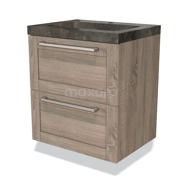 Houten badkamermeubel met natuurstenen wastafelkast, twee lades en metalen handgrepen, compact en modern ontwerp.