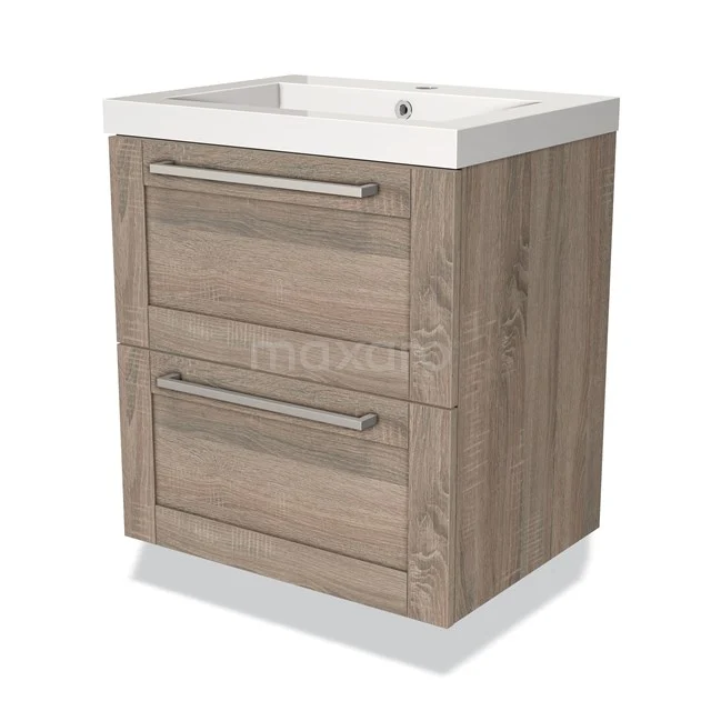 Compact houten badkamermeubel met twee lades, moderne metalen grepen en een witte keramische wastafel, perfect voor kleine badkamers.