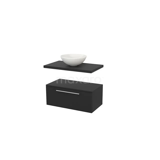 Black bathroom furniture set with hanging wooden basin worktop, white basin worktop and minimalist design.