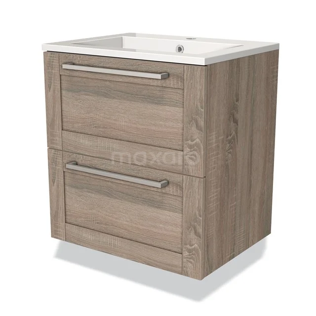 Compact houten badkamermeubel met twee lades, modern design en witte wastafel, ideaal voor stijlvolle badkamers.
