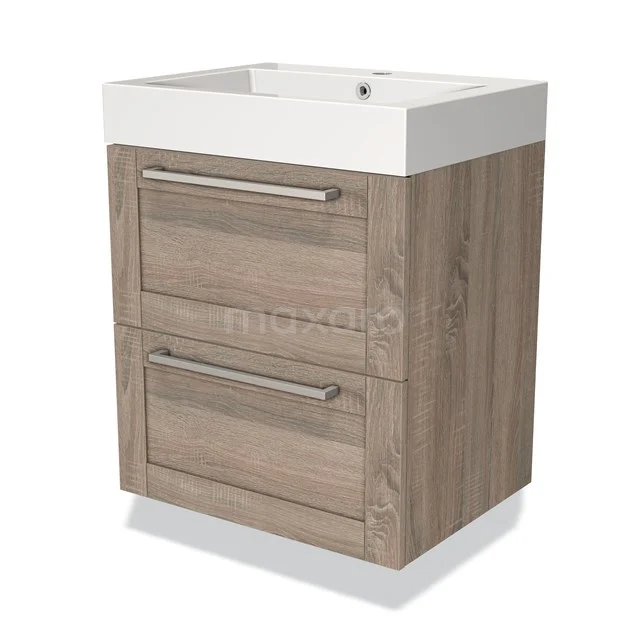 Houten wastafelmeubel met twee lades, rechthoekig design, witte keramische wastafel, ideaal voor moderne badkamers.